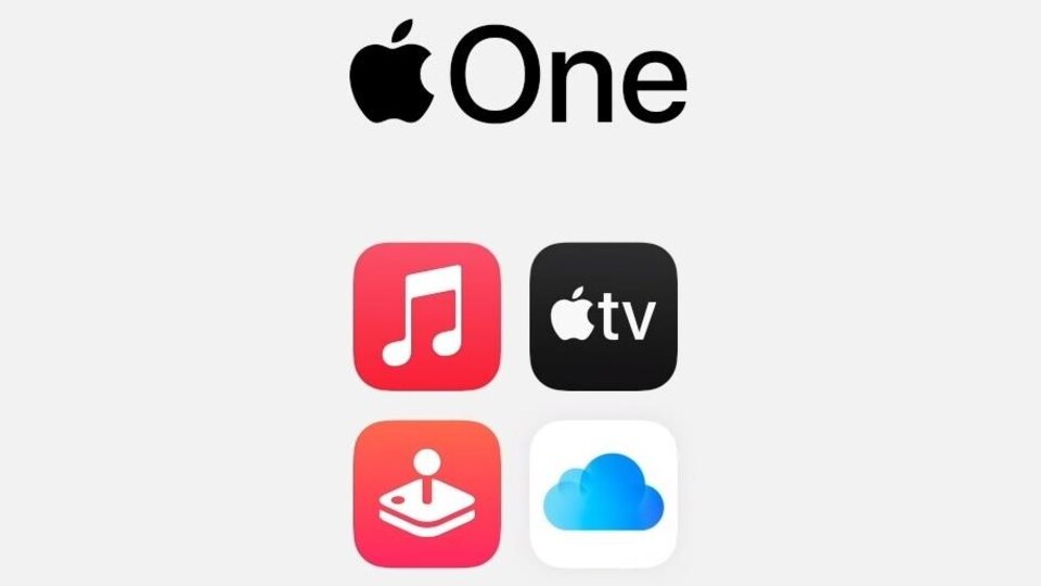 Le logo d'Apple One, un symbole de pomme suivi par le mot "One", suivi des logos d'applications Apple Music, Apple TV, Apple Arcade et iCloud.