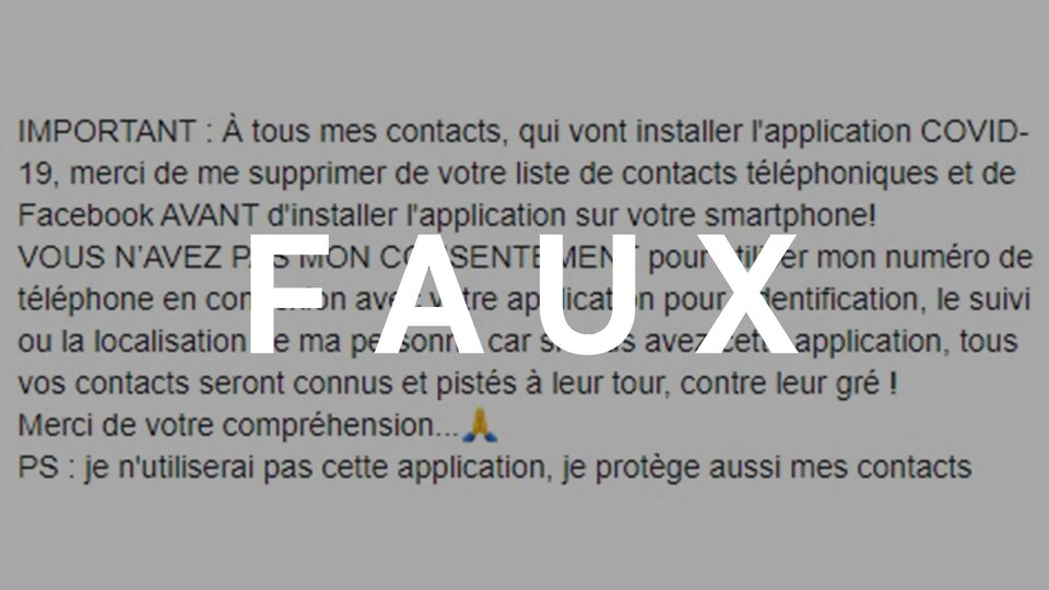 Capture d'écran d'une publication Facebook. Le mot "FAUX" est superposé sur l'image.