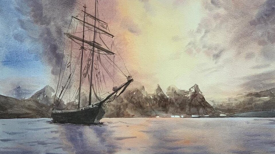 Une aquarelle montrant un bateau devant des montagnes.