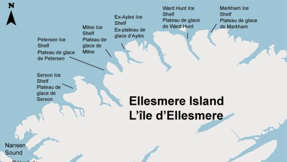 Une carte montrant les plateaux de glace au nord de l'île d'Ellesmere.