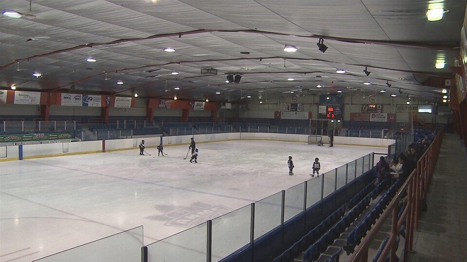De jeunes hockeyeurs sur la glace et des gens dans les estrades.
