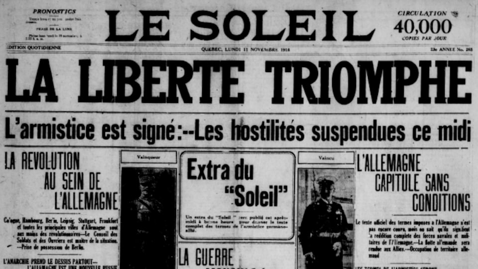 La une du journal Le Soleil du 11 novembre 1918.