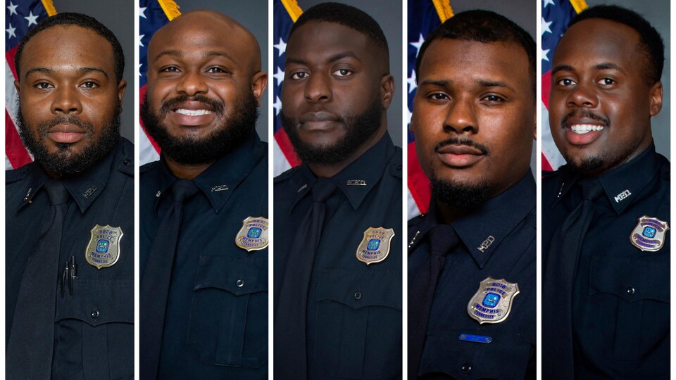 Un montage photo des visages de cinq policiers.