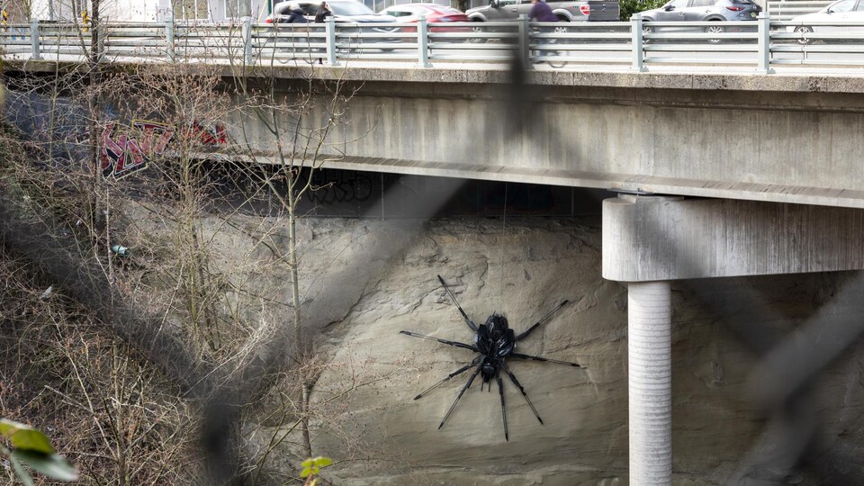 Une grande araignée noire de quelques mètres de long est collée à une formation rocheuse sous un viaduc. 