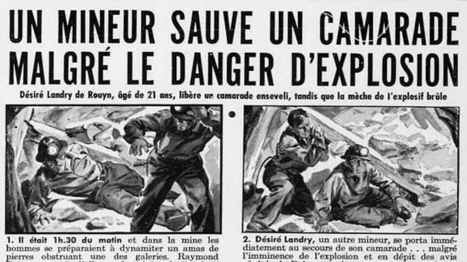 Une coupure de journal avec comme titre «Un mineur sauve un camarade malgré le danger d'explosion».