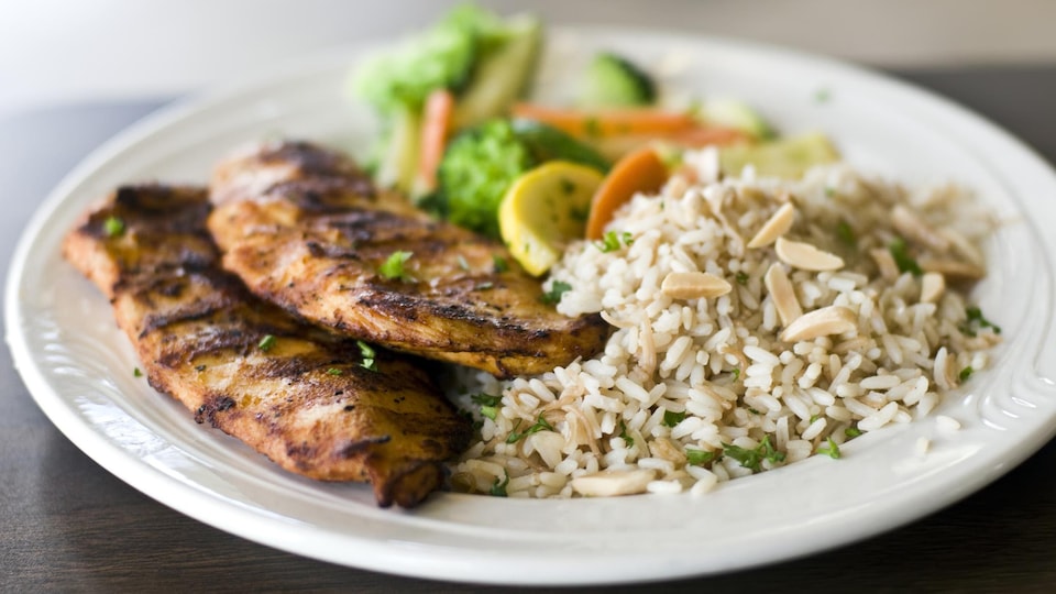 Une assiette de poulet de riz.
