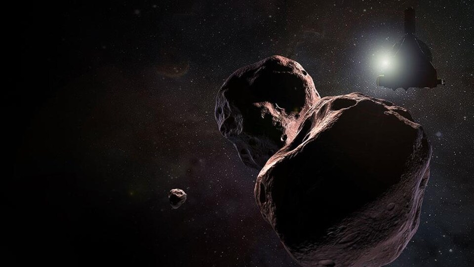Impression artistique de l'astéroïde 2014 MU69 et de la sonde New horizons.