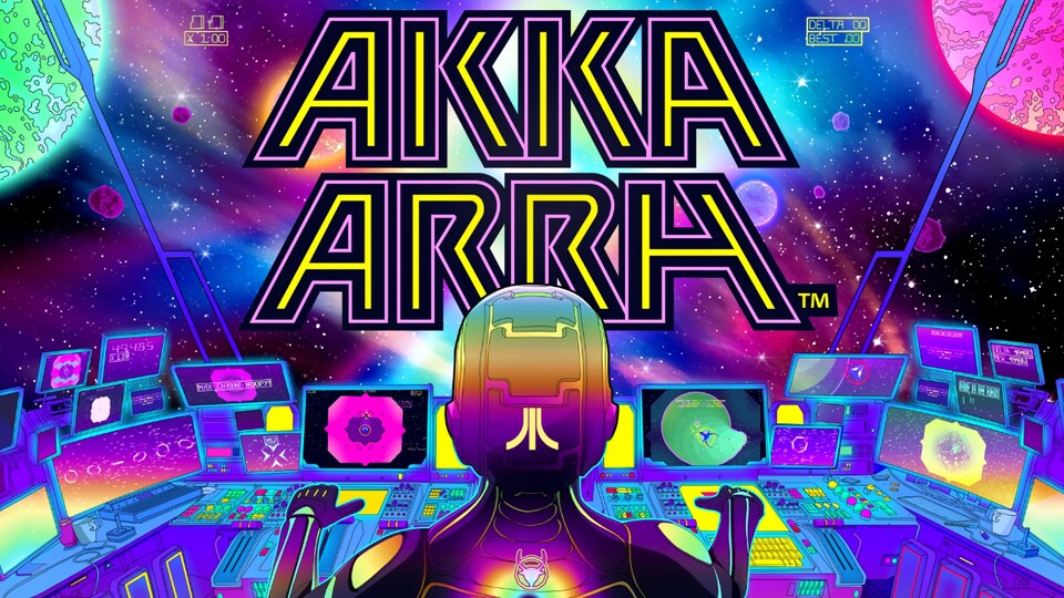 Un robot multicolore avec le logo d'Atari a ses mains sur un centre de commandes dans l'espace. 