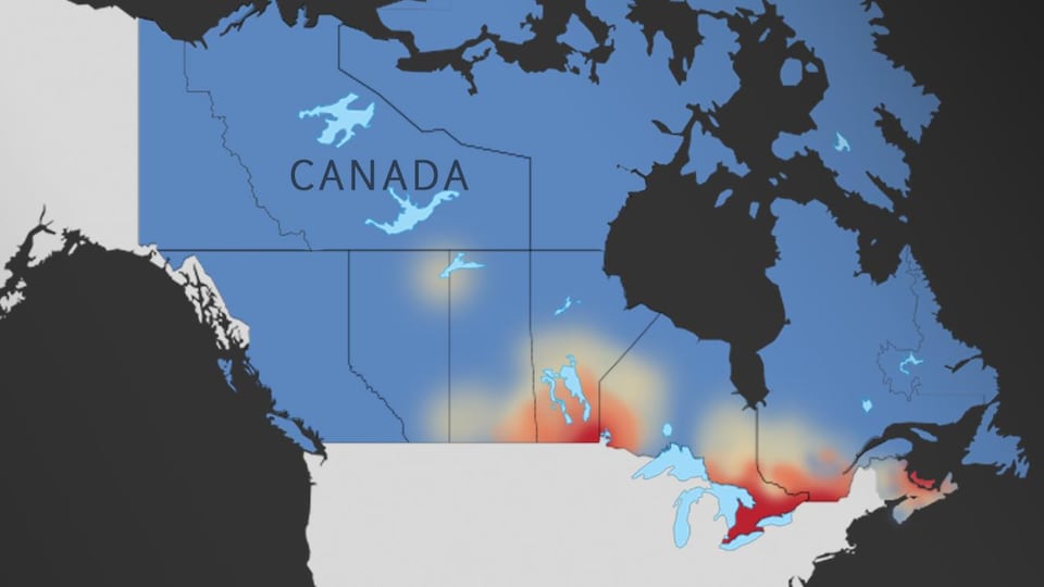 Une carte du Canada, où la plupart du pays est bleu, sauf la région des grands-lacs, le Saint-Laurent, et le sud du Manitoba, qui sont rouges. 