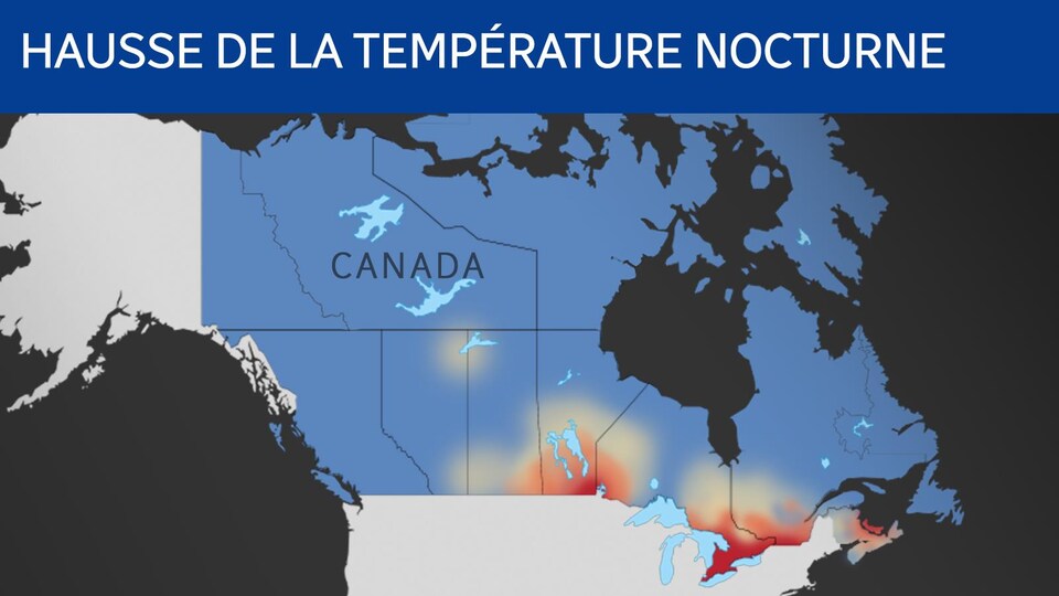Une carte du Canada, où la plupart du pays est bleu, sauf la région des grands-lacs, le Saint-Laurent, et le sud du Manitoba, qui sont rouges. 