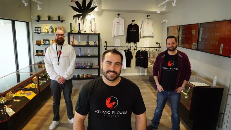 Les trois entrepreneurs sont placés de façon symétrique sur la photo, ils forment un triangle. Ils sont debout dans une boutique de cannabis.