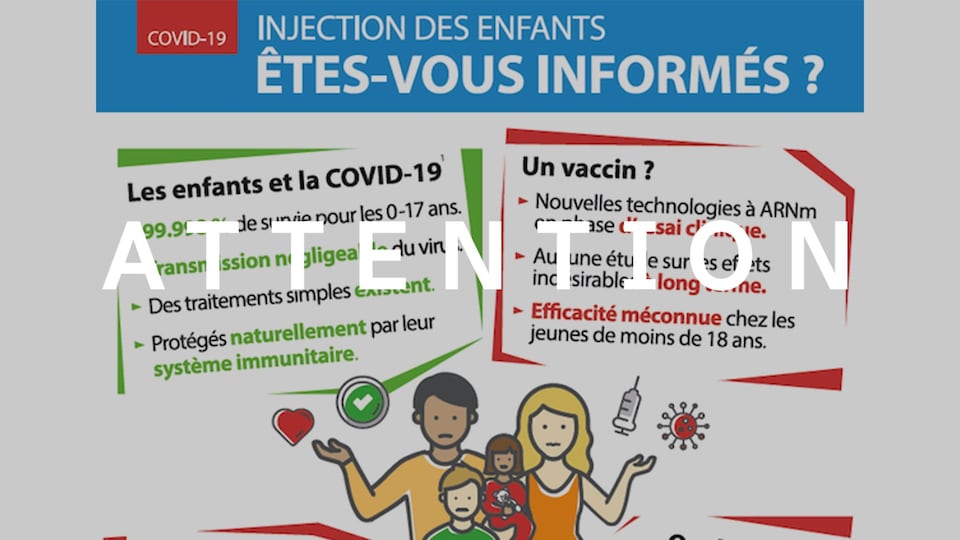 Une capture d'écran d'une image où il est écrit "Injection des enfants êtes-vous informés?", avec des illustrations de parents, enfants et vaccin. Le mot "ATTENTION" est superposé sur l'image.