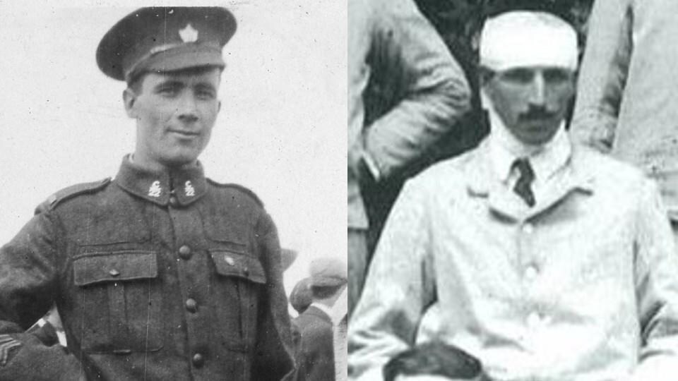 A montage of old photographs: on one side, Felix Goulet, a soldier in uniform;  on the other, a man in a suit with a bandage on his head, Augustin Goulet.