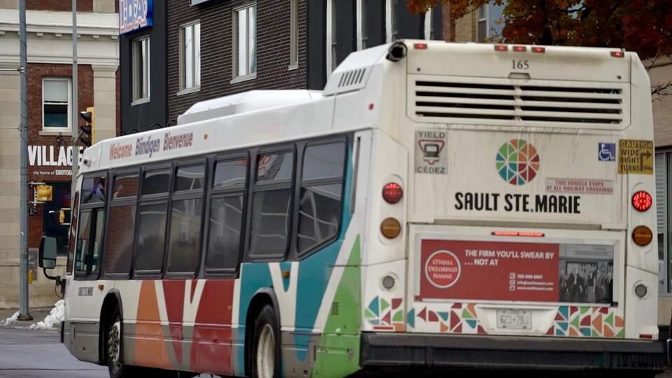 Un autobus en mouvement sur lequel on peut lire le nom de la ville de Sault-Sainte-Marie. 