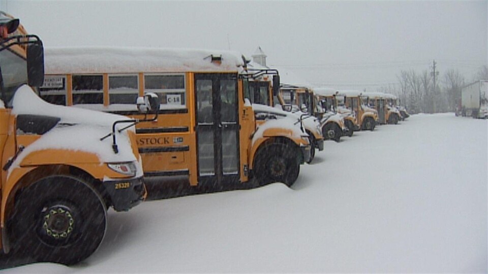 Des autobus scolaires immobiles dans la neige