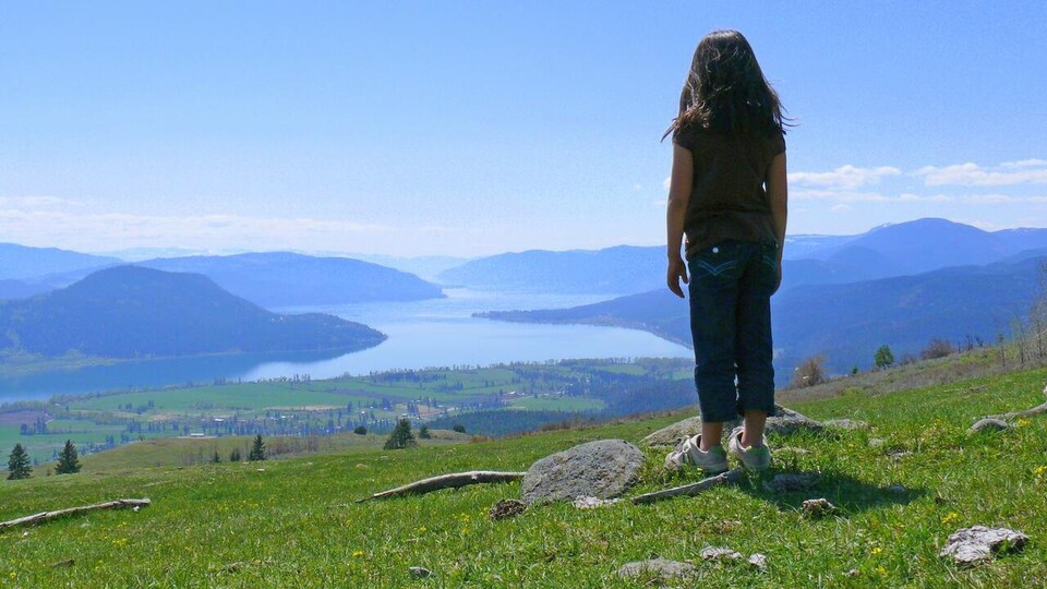 Un jeune regarde un paysage montagneux.