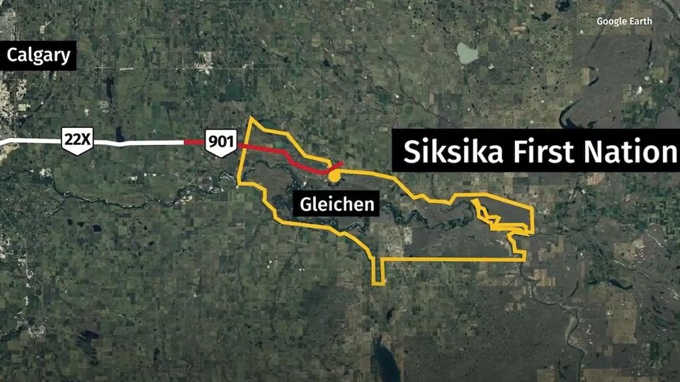 Une Map montrant la localisation de l'autoroute 901 sur le territoire de la premiere nations Siksika.