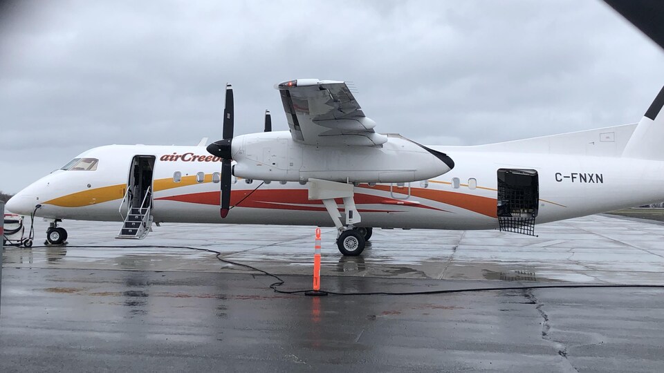 Un avion se trouve sur une piste d'atterrissage d'un aéroport. Un cône orange se situe à côté de l'appareil.