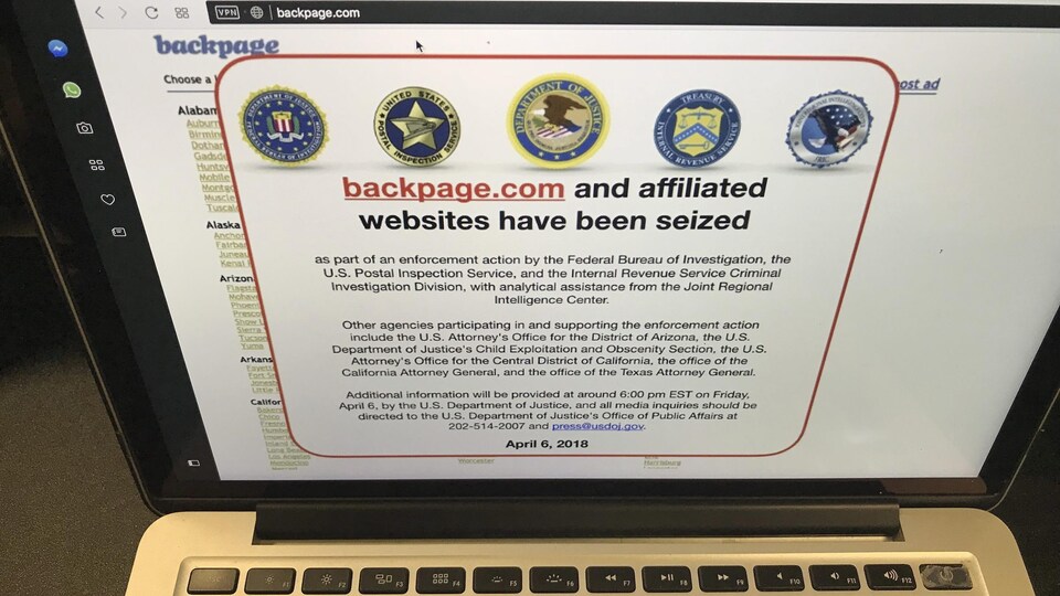 Depuis vendredi, les tentatives de connexion au site Backpage.com mènent à un communiqué de la police fédérale américaine et de plusieurs autres agences gouvernementales.