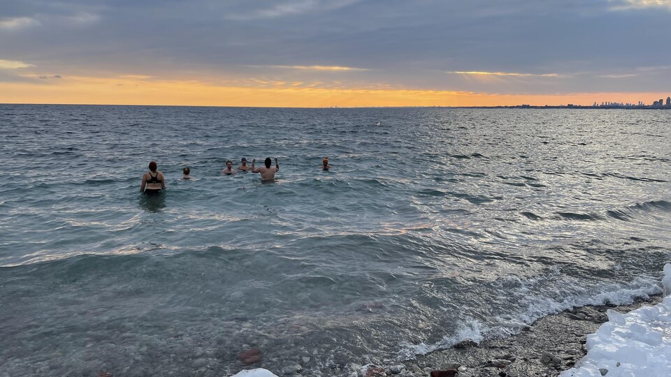 Un groupe de baigneurs dans le lac Ontario, à la fin janvier. 