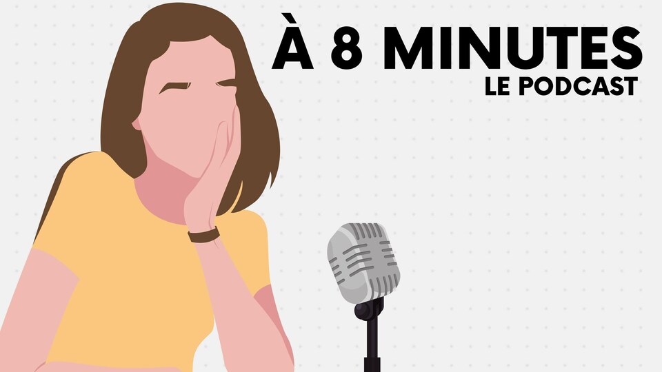 Une infographie montre le dessin d'une jeune femme devant un micro. Il est inscrit À 8 minutes le podcast.