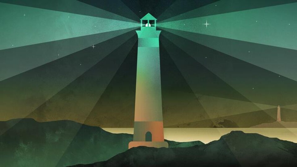 Le dessin d'un phare dans la nuit qui éclaire les environs.