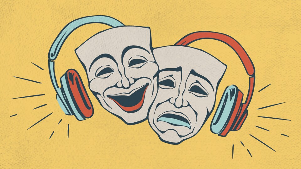 Une image de masques de théâtre avec des écouteurs.