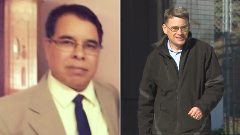 Collage de deux photos : à gauche, une photo un peu jaunie du candidat Sharma, et à droite, Brian Mayes, marchant dans la rue.
