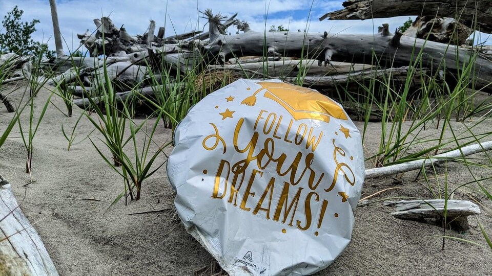 Un ballon sur la plage avec l'inscription: « suis tes rêves! »