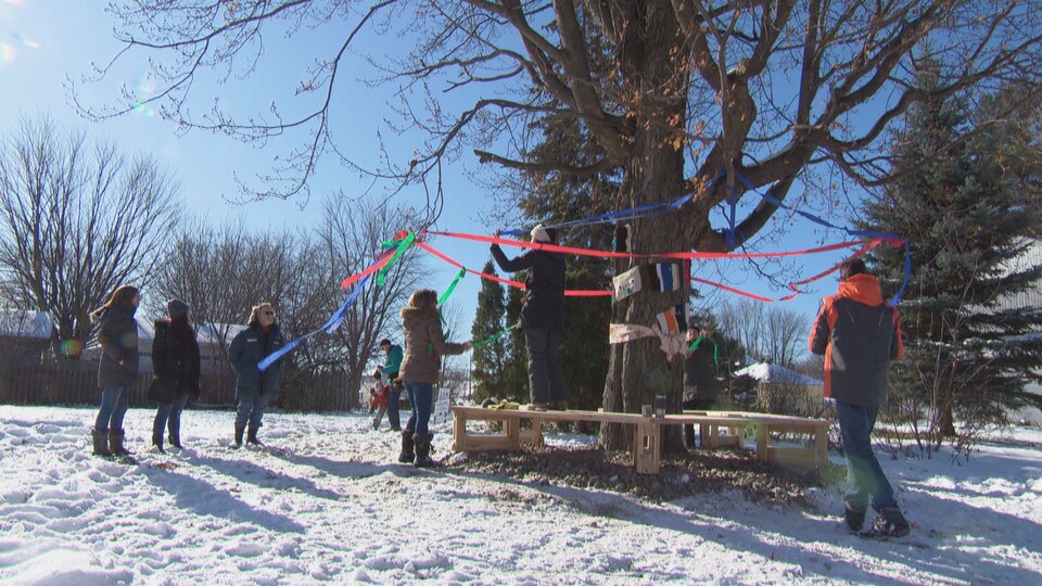 Des citoyens décorent un arbre ceinturé d'un banc sur un terrain vacant enneigé.