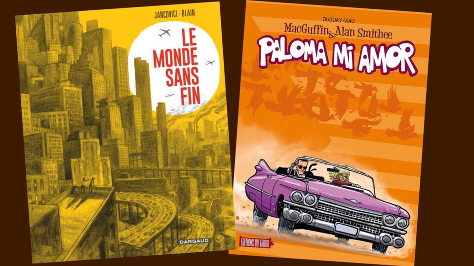 La couverture de Le monde sans fin montre une ville avec de nombreux grands édifices; la couverture de Paloma Mi Amor met de l'avant une voiture décapotable qui roule à toute à allure avec les deux agents à son bord; la femme est au volant.