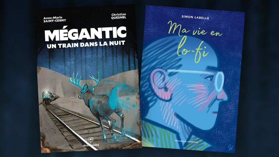 Les couvertures des bédés Mégantic, un train dans la nuit et de Ma vie en lo-fi.