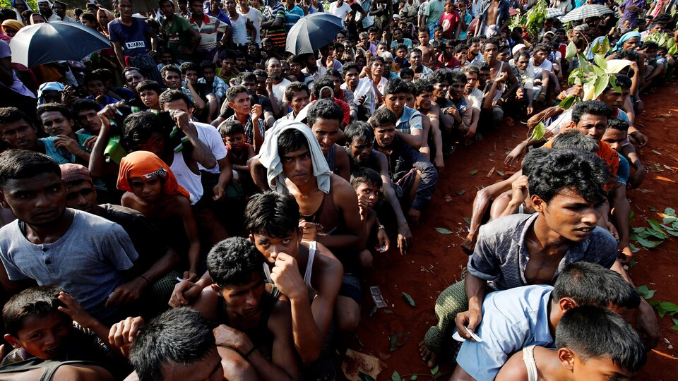 Des centaines de réfugiés rohingyas attendent de recevoir des rations alimentaires à Cox Bazar, au Bangladesh.
