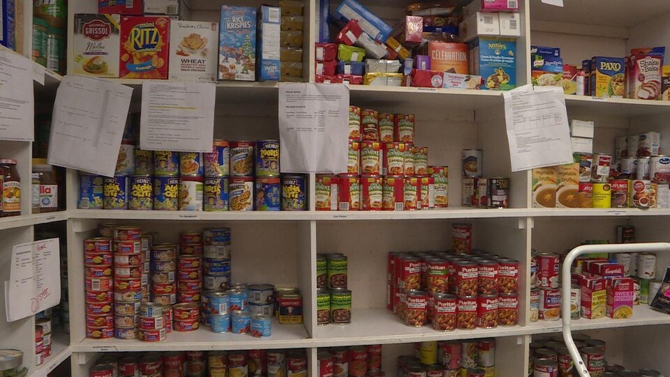 Des boîtes de conserve de toute sorte sur des étagères.