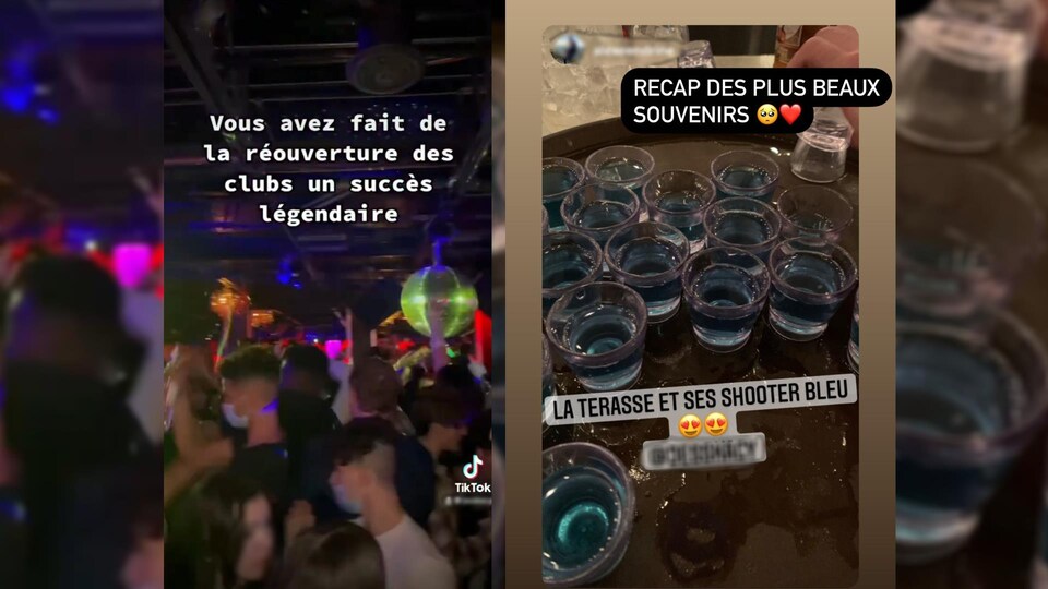 Deux photos d'Instagram avec des jeunes qui dansent dans un bar et une table avec de nombreux verres.