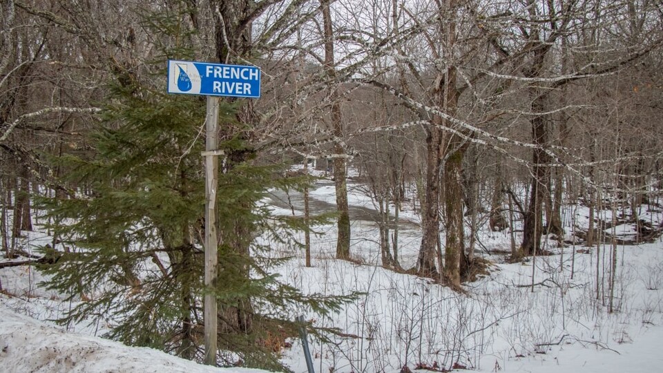 Une affiche au milieu de la forêt indique le nom de la rivière en anglais.