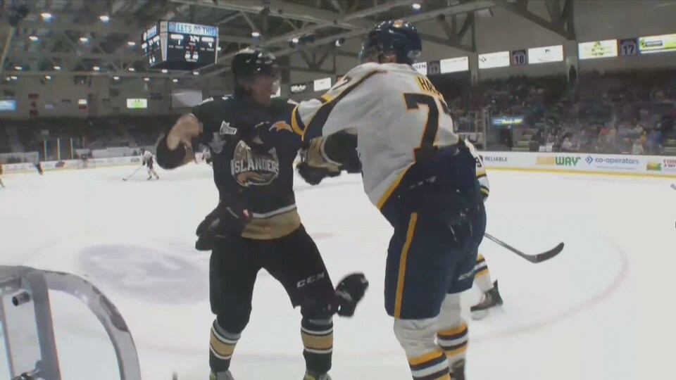 Two ice hockey players in the middle of a fight.