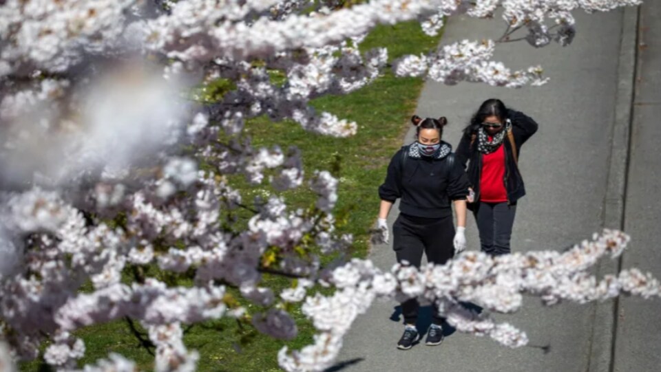 Des personnes masquées marchent sur un trottoir.