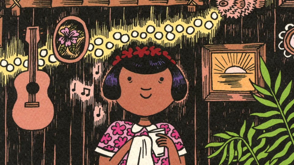 Détail de la couverture du livre «Les ananas de la colère», de Cathon : dessin d'une fille essuyant un verre dans un décor tiki. Elle porte une robe à fleurs et une couronne de fleurs dans les cheveux.