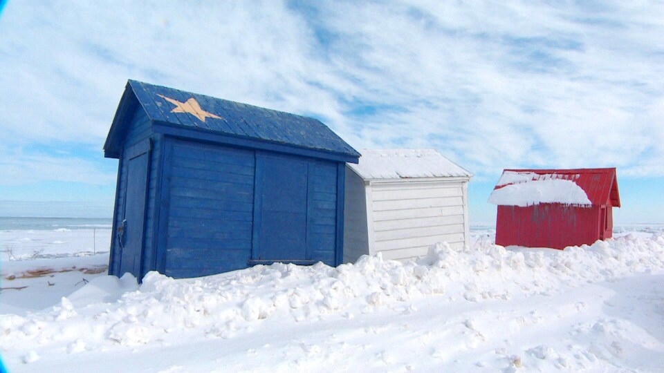 Des petites maisons peintes aux couleurs du drapeau de l'Acadie sous la neige. 