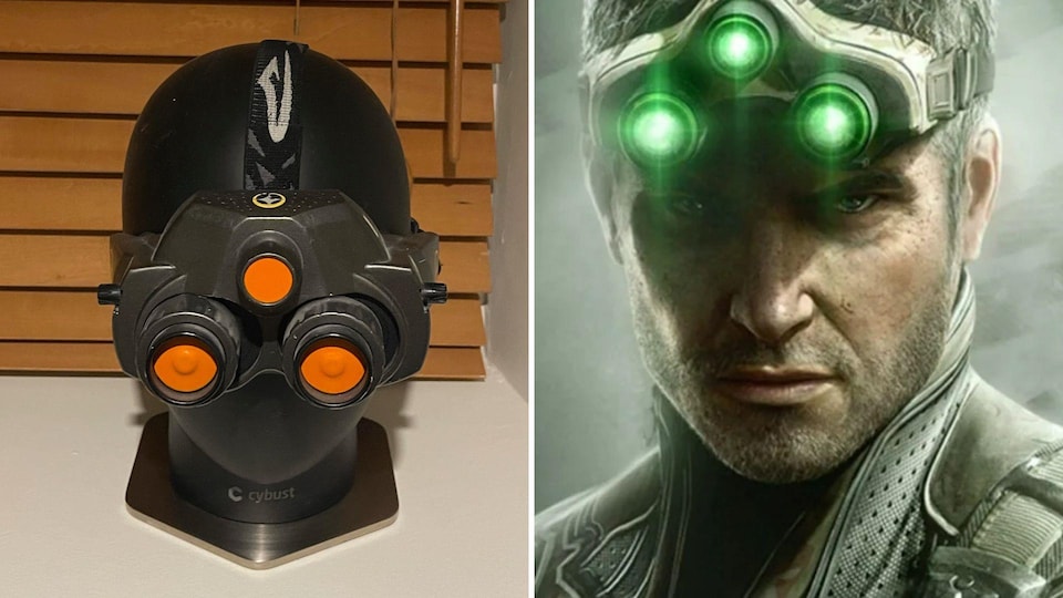 Montage photo montrant un homme découvrant son visage d'un casque de réalité virtuelle, à côté d'un personnage de jeu vidéo portant un casque avec des lumières vertes. 