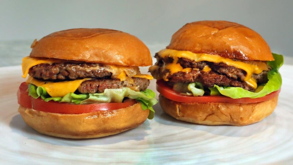 Deux hamburgers dans une assiette.