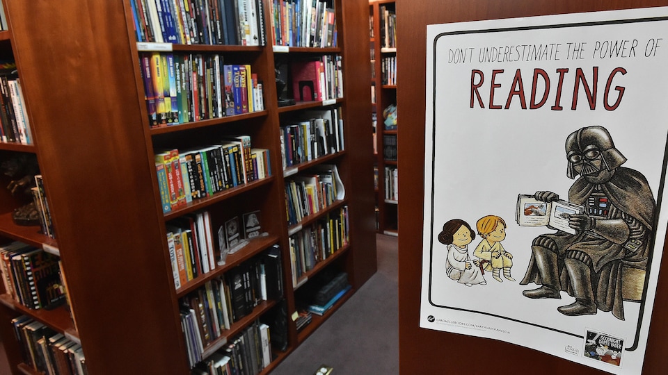 Des rayons de bibliothèque.