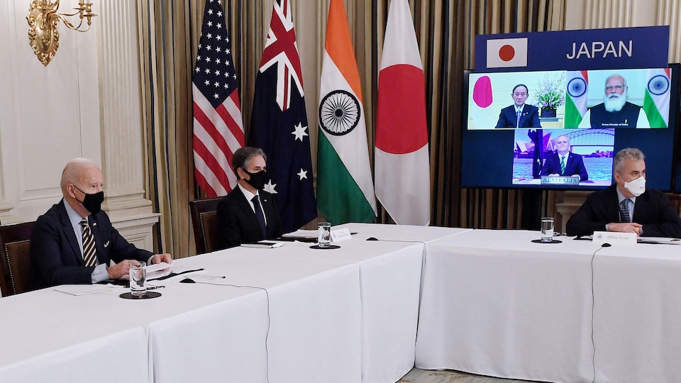 Le président Joe Biden lors d'une rencontre virtuelle avec les dirigeants de l'Australie, de l'Inde et du Japon.