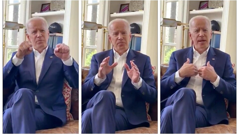 Trois impressions d'écran de la vidéo de Joe Biden, où on le voit s'adresser à la caméra en gesticulant.