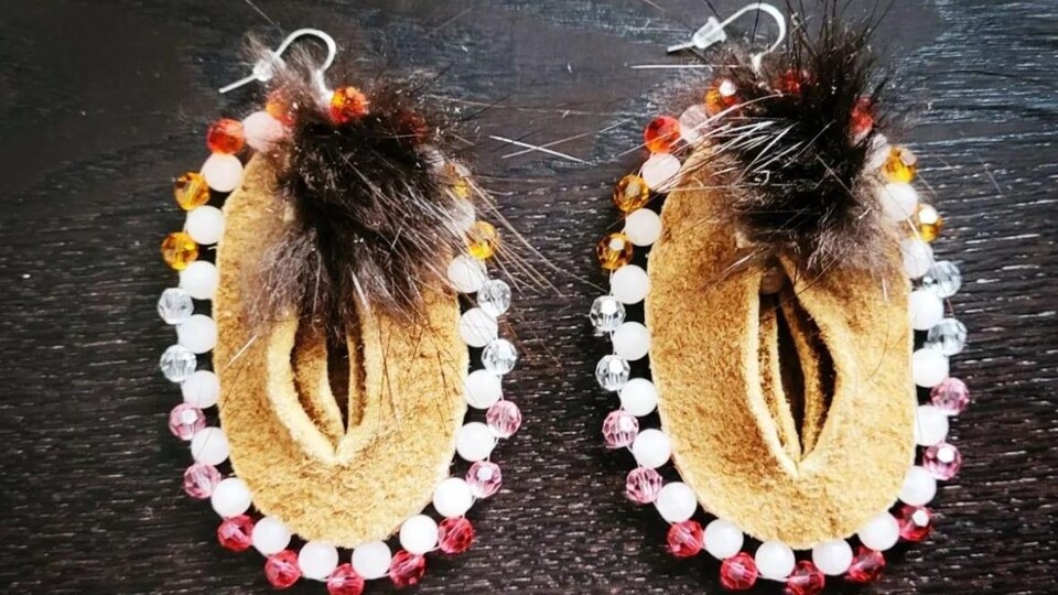 A pair of earrings where the skin is leather while the edge is dotted with pearls.