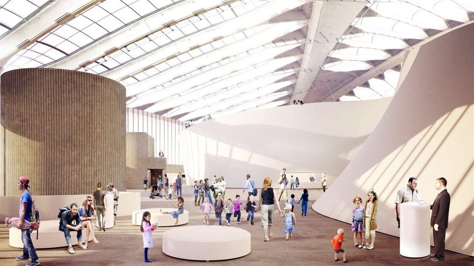 Des visiteurs fictifs se promènent dans une simulation du nouvel espace, grand et illuminé.