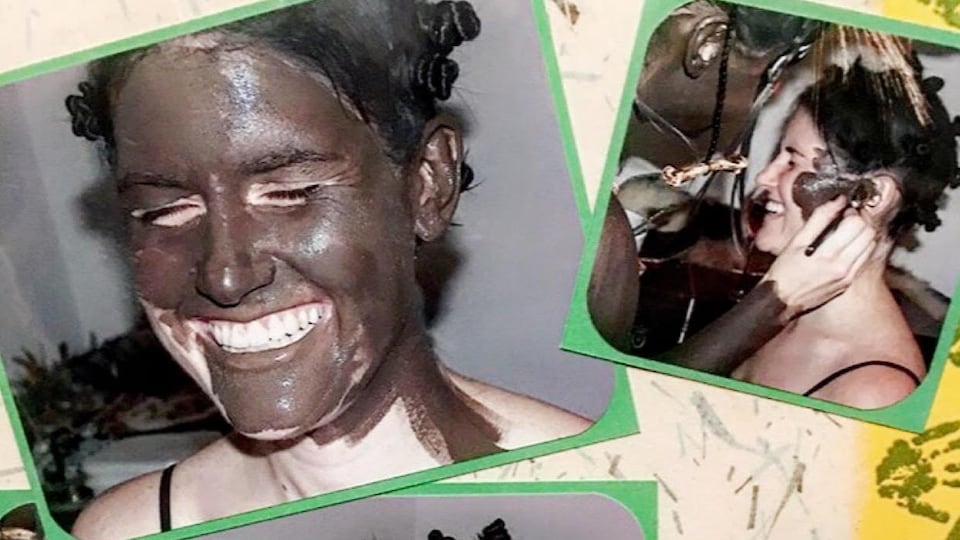 Une capture d'écran d'un montage photo mis en ligne sur Instagram montre une femme blanche en train de se faire couvrir de maquillage noir