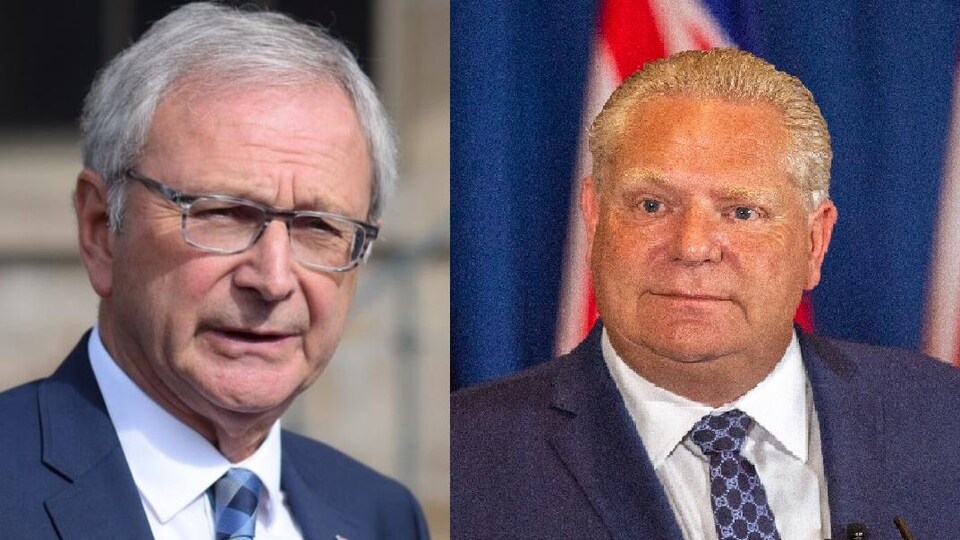 Blaine Higgs, premier ministre du Nouveau-Brunswick et Doug Ford, premier ministre de l'Ontario (de gauche à droite).