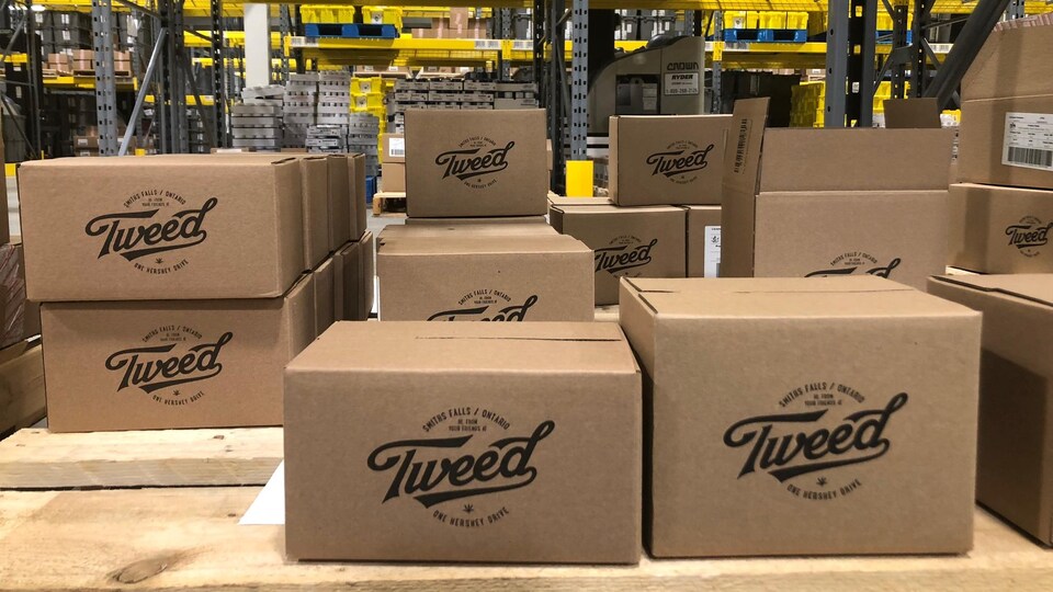 Des boîtes de carton empilées sur lesquelles on peut voir le logo de Tweed.